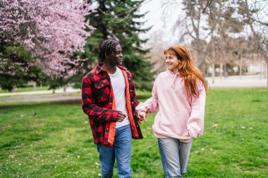 Baharda güneşli bir parkta yürürken el ele tutuşan ırklar arası bir çift, doğanın ve birbirlerinin güzelliğinin tadını çıkarıyorlar.
