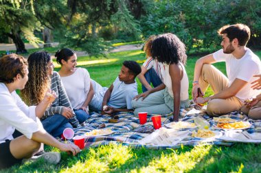 Mutlu çoklu etnik arkadaşlar parkta piknik yaparken rahatlıyor ve yemek yiyor, birlikte zaman geçiriyorlar.