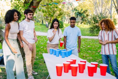 Bir grup arkadaş güneşli bir parkta eğlenceli bir bira pong oyunu oynuyorlar. Hafta sonu arkadaşlığı ve eğlenceyi kutluyorlar.