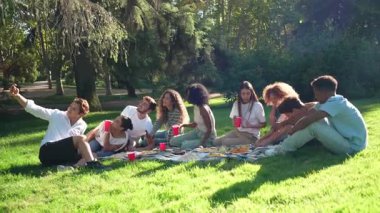 Çimenli çimenlerde oturan, güneşli piknik sırasında grup selfie çeken, neşe ve neşe dolu etkileşimleri paylaşan bir grup arkadaş.