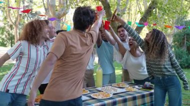 Yavaş çekim, çeşitli arkadaş gruplarını canlı bir park pikniği sırasında kadehlerini kaldırırken yakalar.