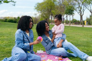 Afrikalı mutlu ikiz kardeşler ve yeğenleri yemyeşil bir parkta keyifli bir pikniğin tadını çıkarıyorlar, kahkahaları paylaşıyorlar ve birlikte neşeli anılar yaratıyorlar.