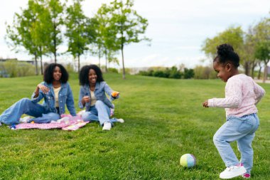 Bebek renkli baloya doğru koşarken annesi, teyzesi, ikiz kız kardeşleri parkta piknik yapıyor.