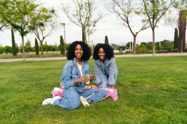 İki neşeli ikiz kardeş parkta keyifli bir pikniğin tadını çıkarıyorlar. Sıcak güneşin tadını çıkarırken abur cubur ve içecekleri paylaşıyorlar.