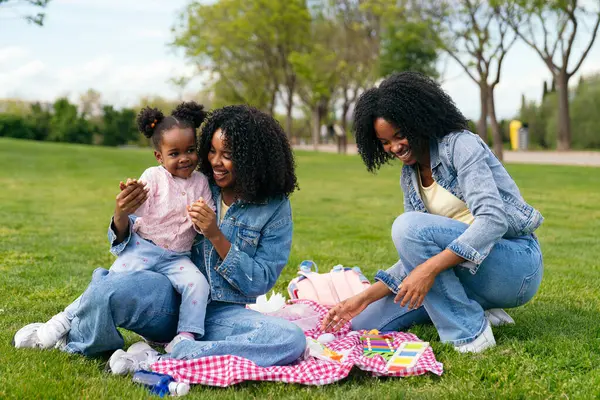 Afrikalı anne ve teyze, yeşil bir parkta piknik yaparken yeğenleriyle eğleniyorlar. Birlikte güzel vakit geçiriyorlar.
