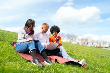 Üniversite öğrencileri bir kampüs çimenliğinde dizüstü bilgisayar, tablet ve akıllı telefon kullanarak açık havada bir projede işbirliği yapıyorlar.