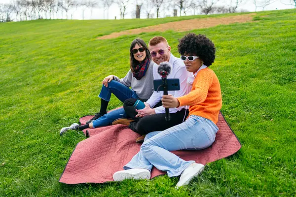 Parktaki bir battaniyenin üzerinde oturan üç içerik yaratıcısı, harici mikrofonlu bir akıllı telefon kullanarak bir video podcast kaydediyor.