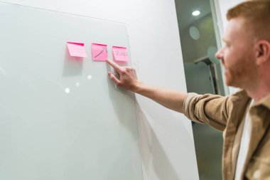 Yönetici cam beyaz tahtaya iliştirilmiş yapışkan notlar üzerine yazılan artan oku ve 2030 'u işaret ederek, gelecekteki hedefleri planlıyor