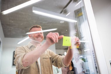 Yaratıcı yönetici, modern bir ofiste ekibiyle yaptığı ortak beyin fırtınası sırasında cam duvara renkli yapışkan notlar yapıştırıyor, fikirleri ve stratejileri paylaşıyor.