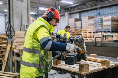 Marangoz pnömatik çivi tabancası kullanıyor, geri dönüşüm fabrikasında ahşap paletler monte ediyor, dairesel ekonomi konsepti