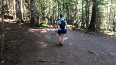 Orman ve ahşap patikadan geçen kadın yürüyüşçü, huzurlu yaz macerası boyunca ağaçların arasından süzülen güneş ışığının tadını çıkarıyor.