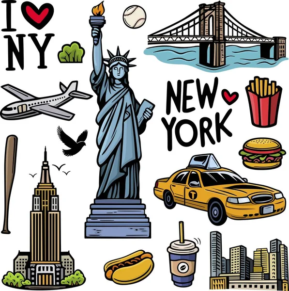 New York şehri elementleri karalıyor. El çizimi, taksi, kahve, burger, özgürlük heykeli, köprü. İzole edilmiş renkli çizim koleksiyonu.