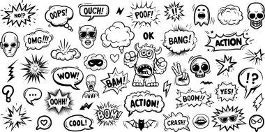  El çizimi elementler beyaz arka planda izole çizgi romanlar. Konuşma baloncukları 