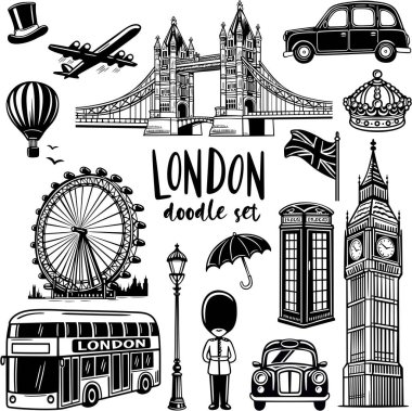 Londra şehri elementleri karalıyor. El çizimi, taksi, otobüs, uçak, köprü, Big Ben, London Eye. İzole edilmiş siyah çizim koleksiyonu.