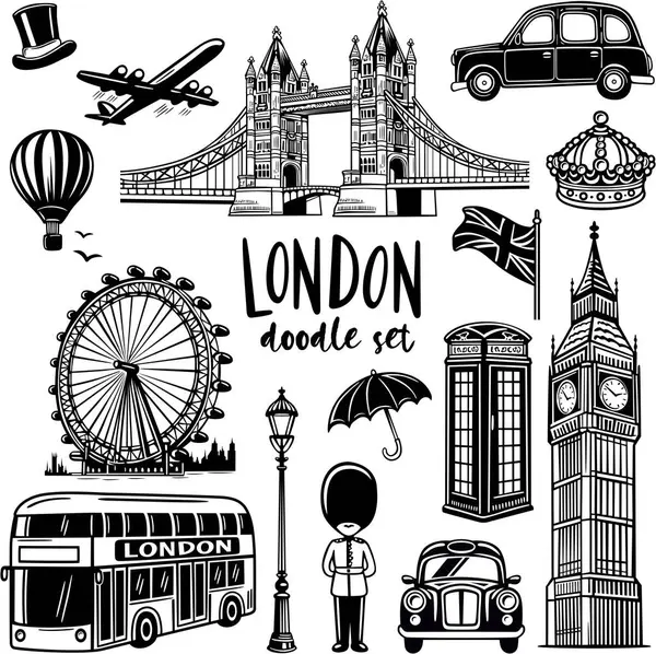 Londra şehri elementleri karalıyor. El çizimi, taksi, otobüs, uçak, köprü, Big Ben, London Eye. İzole edilmiş siyah çizim koleksiyonu.