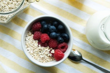 Ahududu ve yaban mersinli yulaf ezmesi. Sağlıklı bir kahvaltı nasıl hızlı hazırlanır. Evde sağlıklı beslenme.. 