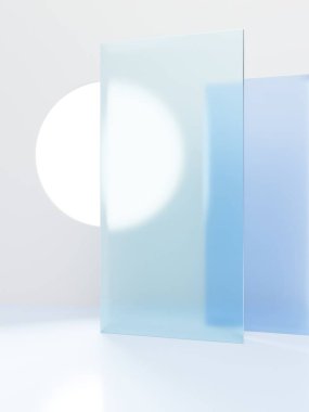 3D Rendering Minimal Studio Shot Pastel Color Transparent Acrylic Board and Round Window with Sunlight Product Display Background for Fashion, Cosmetics and Trendy Products.