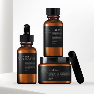 Vector 3D Illustration Tinted Brown Glass or Plastic Jar, Pump Bottle, Dropper Bottle, Hand Cream Tube Package Set with Minimalist Wrap Around Label Design	