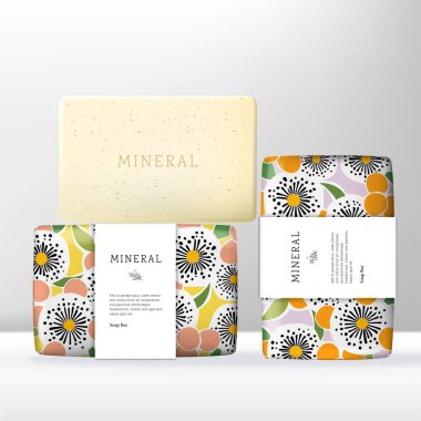 Vector Beauty or Skincare Soap Bar with Floral Pattern Print Wrapping Paper Packaging.