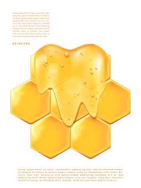 Beauty and Health Poster, Product Packaging, veya Reklam Arkaplanı İçin Güneş Işığı Altında Bal Damlatan 3 boyutlu Görüntü.