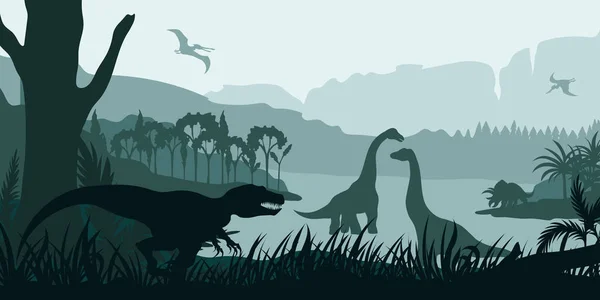 stock vector Prehistoric landscape with dinosaurs. Dino silhouette. Gigantic reptiles scene. Jurassic wildlife background. Ancient forest. Vector illustration