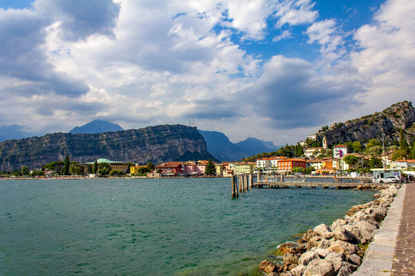 Colorful town of Torbole on Lago di Garda waterfront view, Trentino Alto Adige region of Italy