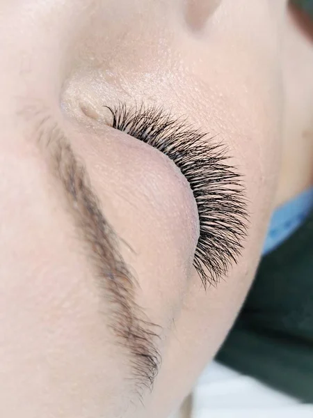 Close Closed Eyes Eyelash Extensions Beauty Salon Macro Eye High — Stock Photo, Image
