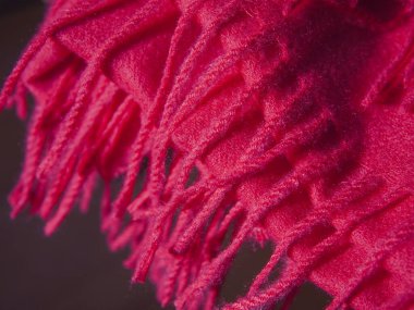 Kırmızı sonbahar ve püsküllü polyesterden yapılan kış eşarbını kapat. Yüksek kalite fotoğraf