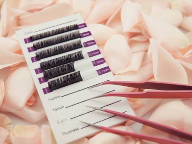 Close up of pallet with lashes on stick line for eyelash extensions, lash technician equipment for business . 
