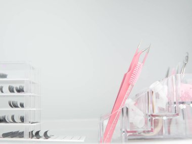 beauty salon equipment for eyelash extensions ,tools or lash technician white and pink colors.
