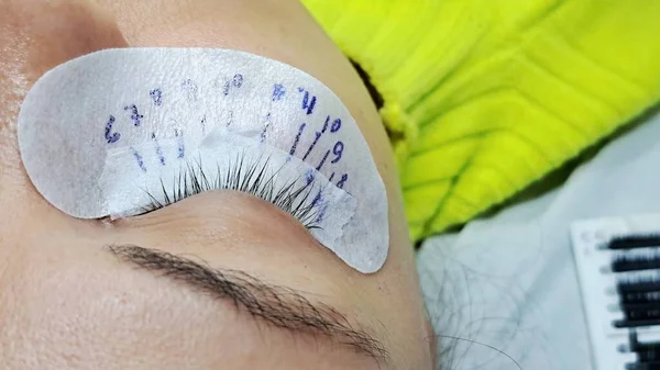 close up of eye with eyelash extension macro view,beauty salon treatment.lash scheme on patch