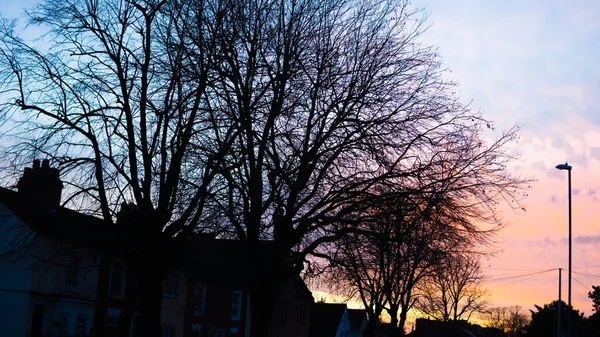 Στέγες Των Σπιτιών Στο Ηλιοβασίλεμα Μπλε Και Πορτοκαλί Ουρανό Φόντο — Φωτογραφία Αρχείου