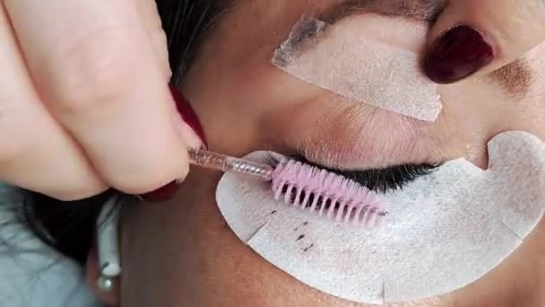 Nahaufnahme Des Auges Mit Wimpernverlängerungen Schönheitssalon Behandlung Kosmetikerin Kämmt Wimpern — Stockvideo
