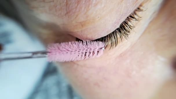 Nahaufnahme Des Auges Mit Wimpernverlängerungen Schönheitssalon Behandlung — Stockvideo