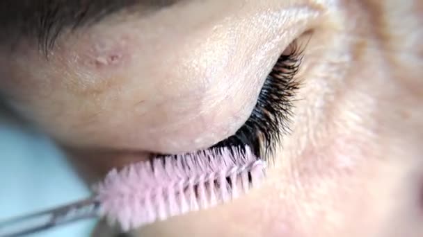 Close Eye Com Extensões Pestanas Tratamento Salão Beleza Foto Alta — Vídeo de Stock