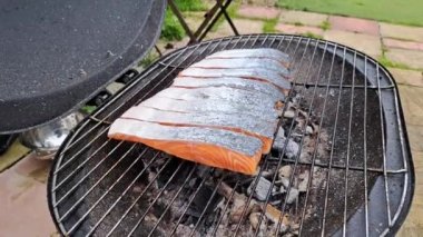 Köy evindeki barbekü için ızgarada taze balık, biftek.