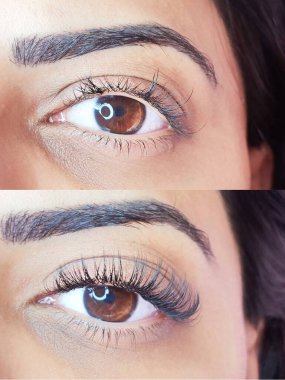 Göz kapağını kirpik uzatma, güzellik salonu tedavisiyle kapat. Yüksek kalite fotoğraf