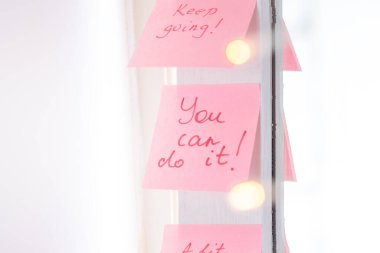 inspirational quotes on pink sticker on the mirror,handwriting text. clipart