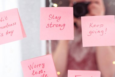 inspirational quotes on pink sticker on the mirror,handwriting text. clipart