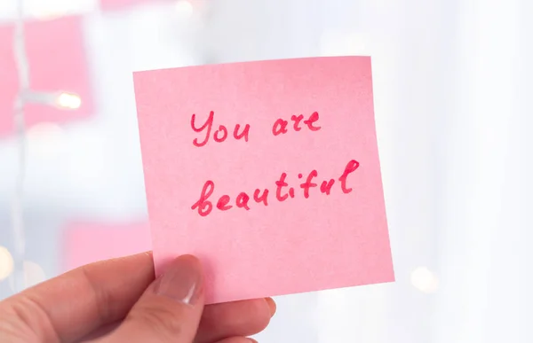 Inspirational Quotes Pink Sticker Mirror Handwriting Text — Stock Photo, Image