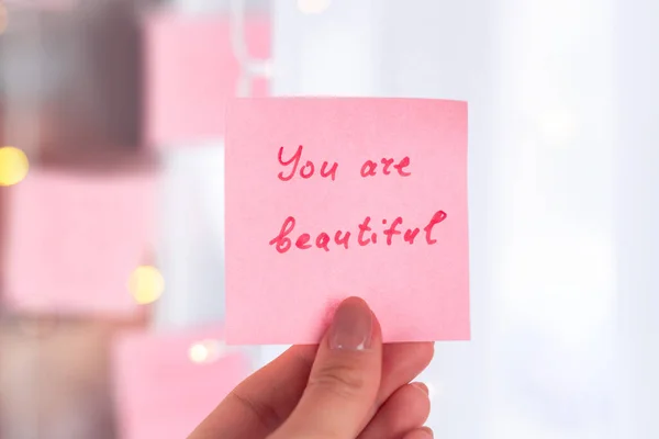 Inspirational Quotes Pink Sticker Mirror Handwriting Text — Stock Photo, Image
