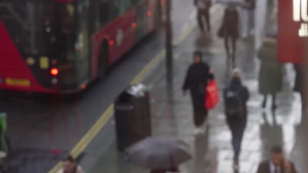 雨の日の傘の下で忙しい通りの群衆 窓の眺めを通して — ストック動画