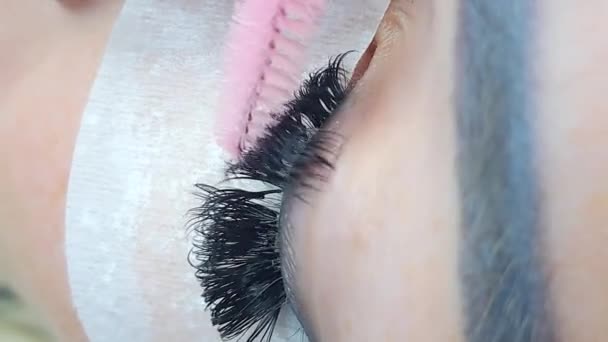 Close Eye Eyelash Extensions Beauty Salon Treatment Volume Volume Classical — Stock Video