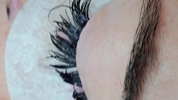 Nahaufnahme Des Auges Mit Wimpernverlängerungen Schönheitssalon Behandlung Volumen Volumen Klassische — Stockvideo