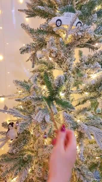 Κοντινό Πλάνο Της Χριστουγεννιάτικης Διακόσμησης Στο Χριστουγεννιάτικο Δέντρο Υψηλής Ποιότητας — Αρχείο Βίντεο