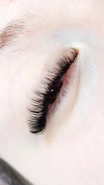 Nahaufnahme Des Auges Mit Wimpernverlängerung Schönheitssalons Makroansicht Vertikales Video — Stockvideo