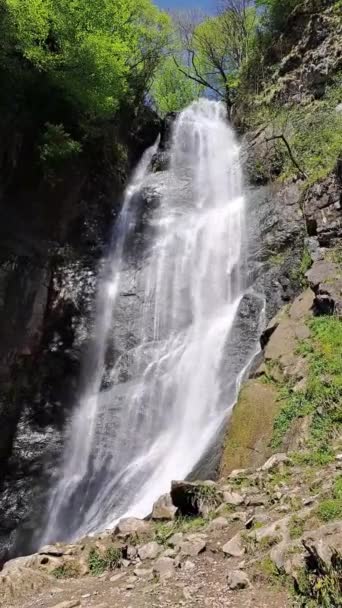 美丽的瀑布在夏天的群山中 飞溅的浪花 — 图库视频影像