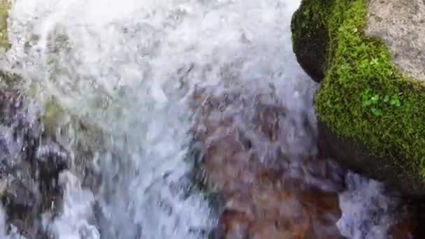 Kristalheldere Stroom Stroomt Rotsachtige Bergwand Vormt Een Betoverende Waterval — Stockvideo