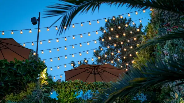 stock image close up of garland lights in cafe in the summer evening on the beach.