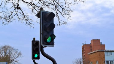 Trafik ışıklarıyla aydınlatılmış canlı bir şehir sokağından arabalar geçiyor.